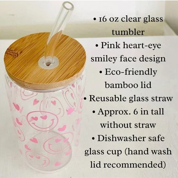 Pink Smiley Face Glass Tumbler 16 oz with Hearts Bamboo Lid and Glass Straw - Picture 8 of 10